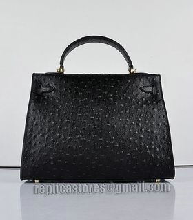 Hermes Kelly 32cm Black Ostrich Veins Leather Bag with Golden Metal-2