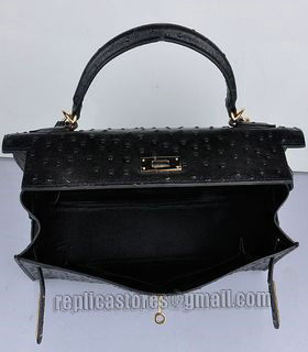 Hermes Kelly 32cm Black Ostrich Veins Leather Bag with Golden Metal-5