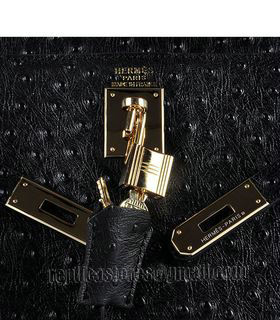 Hermes Kelly 32cm Black Ostrich Veins Leather Bag with Golden Metal-6