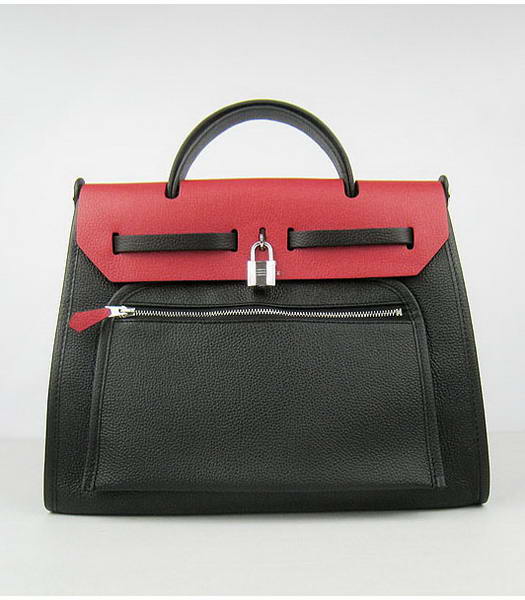Hermes Kelly 32cm Black with Red Leather Silver Lock -1