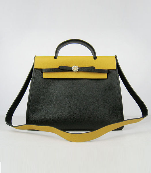 Hermes Kelly 32cm Black with Yellow Leather Silver Lock 