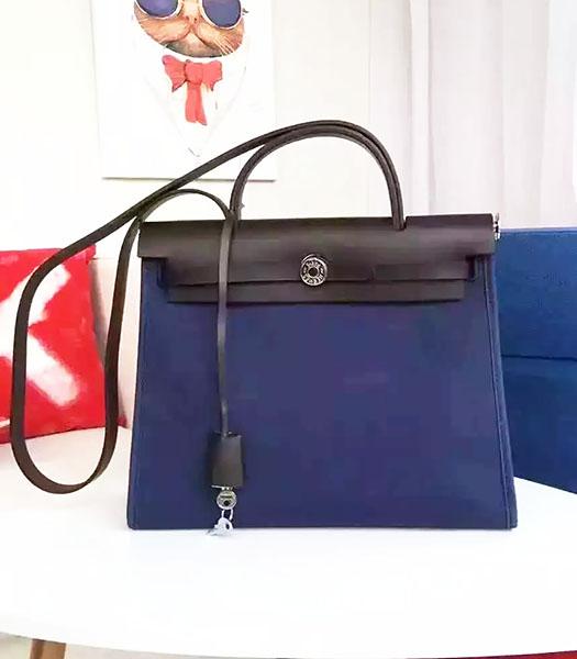 Hermes Kelly 32cm Dark Blue Fabric With Black Leather Bag