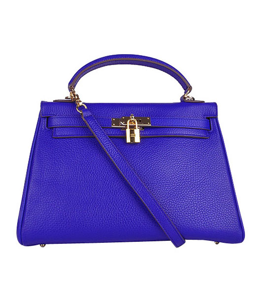 Hermes Kelly 32cm Electric Blue Calfskin Leather Bag with Golden Metal
