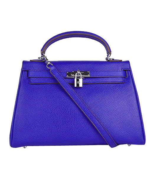Hermes Kelly 32cm Electric Blue Calfskin Leather Bag with Silver Metal