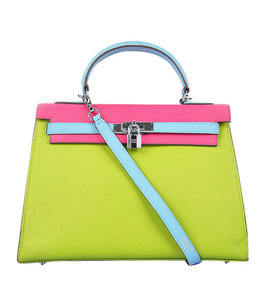 Hermes Kelly 32cm Green/Fuchsia/Light Blue Palm Print Leather Bag with Silver Metal