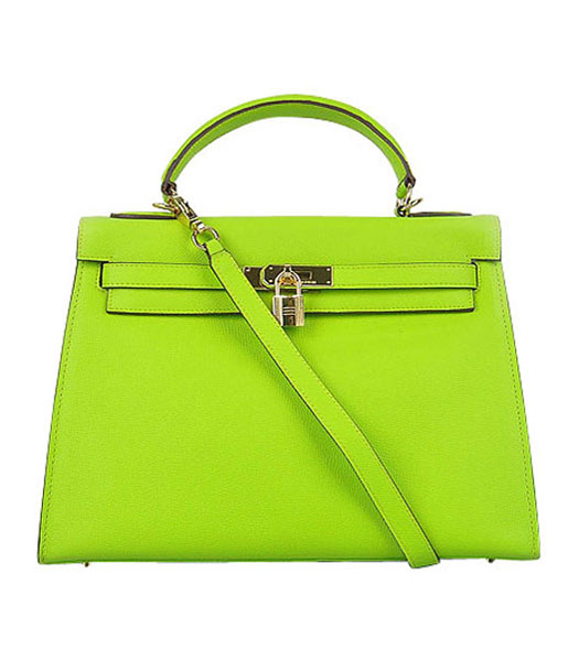 Hermes Kelly 32cm Green Palm Print Leather Bag with Golden Metal