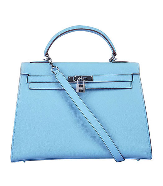 Hermes Kelly 32cm Light Blue Palm Print Leather Bag with Silver Metal