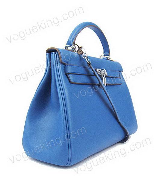 Hermes Kelly 32cm Middle Blue Plain Veins Bag with Silver Metal-1