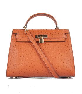 Hermes Kelly 32cm Orange Ostrich Veins Leather Bag with Golden Metal
