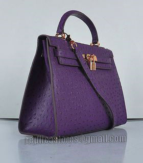 Hermes Kelly 32cm Purple Ostrich Veins Leather Bag with Golden Metal-1