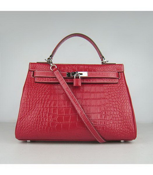 Hermes Kelly 32cm Red Croc Leather Silver Metal