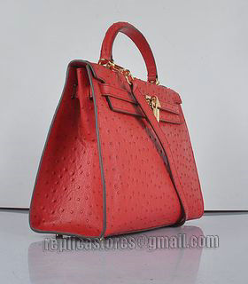 Hermes Kelly 32cm Red Ostrich Veins Leather Bag with Golden Metal-1