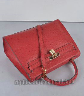 Hermes Kelly 32cm Red Ostrich Veins Leather Bag with Golden Metal-4