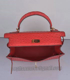 Hermes Kelly 32cm Red Ostrich Veins Leather Bag with Golden Metal-5