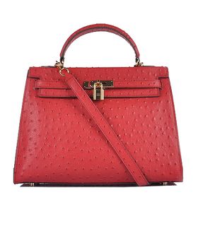Hermes Kelly 32cm Red Ostrich Veins Leather Bag with Golden Metal