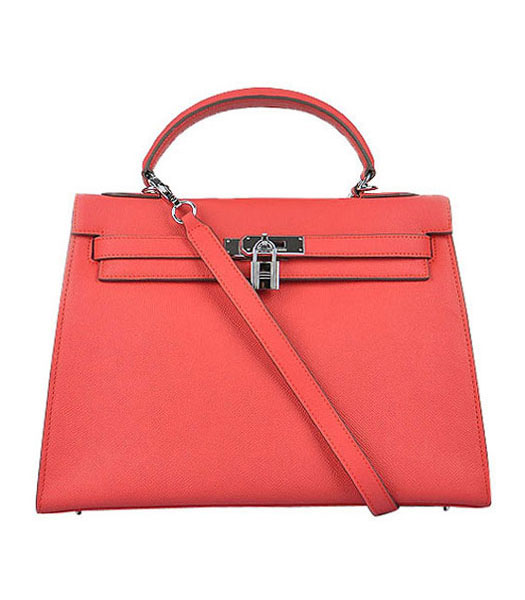 Hermes Kelly 32cm Watermelon Red Palm Print Leather Bag with Silver Metal