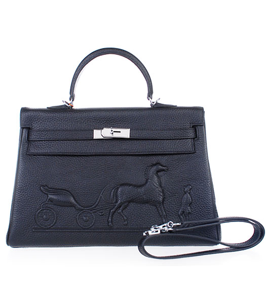 Hermes Kelly 35cm Horse-drawn Carriage Black Togo Leather Bag Silver Metal