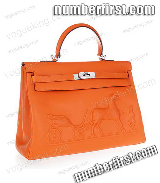 Hermes Kelly 35cm Horse-drawn Carriage Orange Plain Veins Bag Silver Metal-1
