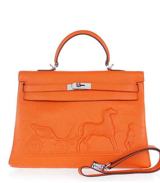 Hermes Kelly 35cm Horse-drawn Carriage Orange Plain Veins Bag Silver Metal