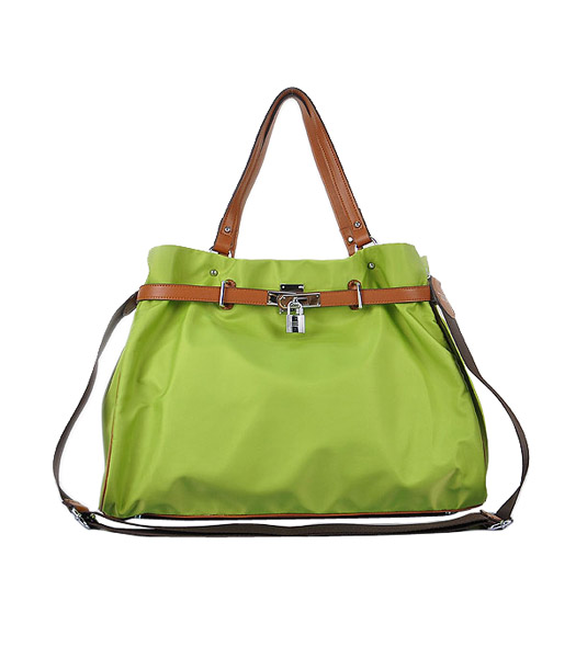 Hermes Large Green Waterproof Fabric With Light Coffee Calfskin Leather Shoulder Bag