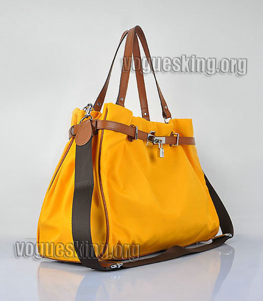 Hermes Large Yellow Waterproof Fabric With Light Coffee Calfskin Leather Shoulder Bag-1
