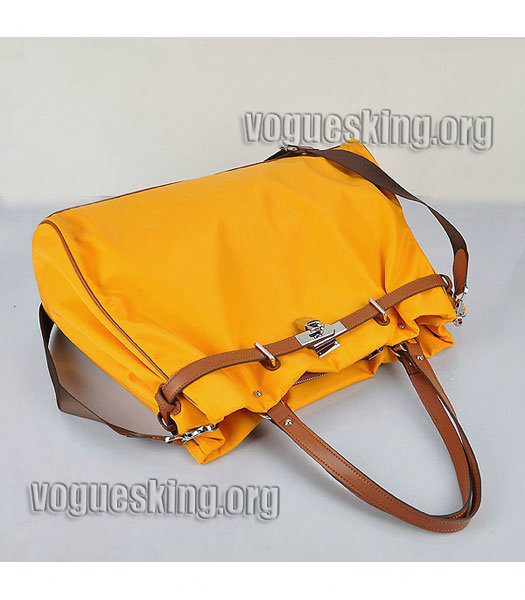 Hermes Large Yellow Waterproof Fabric With Light Coffee Calfskin Leather Shoulder Bag-4