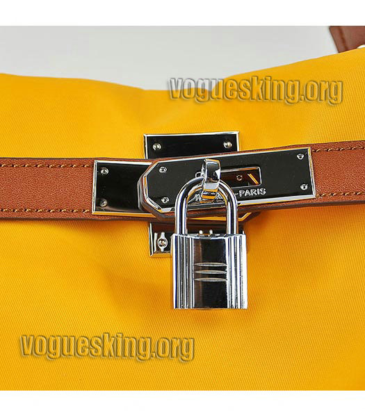 Hermes Large Yellow Waterproof Fabric With Light Coffee Calfskin Leather Shoulder Bag-5