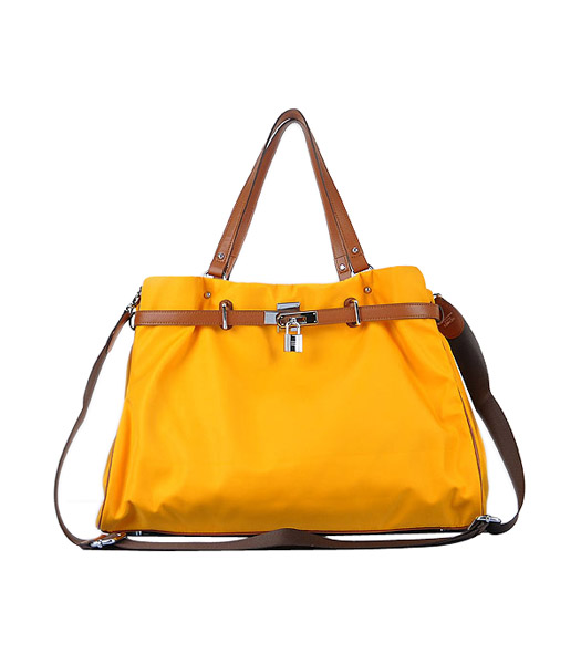 Hermes Large Yellow Waterproof Fabric With Light Coffee Calfskin Leather Shoulder Bag