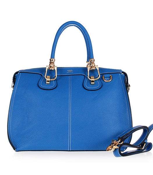 Hermes Medium Double-duty Lake Blue Togo Leather Bag Golden Metal