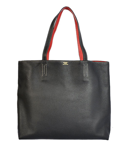 Hermes Medium Shopping Two-sided Bag BlackRed Togo Leather
