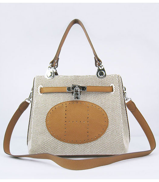 Hermes Mini So Kelly Bag Fabric with Light Coffee Togo Leather Silver Metal