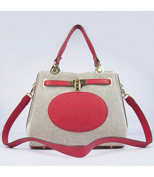 Hermes Mini So Kelly Bag Fabric with Red Togo Leather Golden Metal