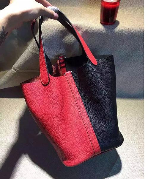 Hermes Picotin Lock Black&Red Leather Litchi Veins Small Shoulder Bag