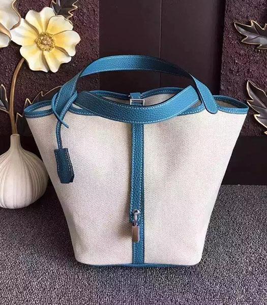 Hermes Picotin Lock Fabric With Blue Original Leather Small Bag