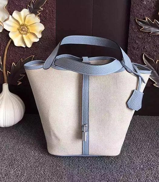 Hermes Picotin Lock Fabric With Light Blue Original Leather Small Bag