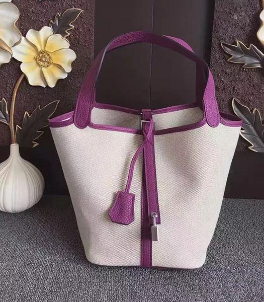 Hermes Picotin Lock Fabric With Purple Original Leather Small Bag