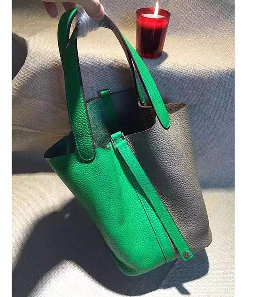 Hermes Picotin Lock Green&Grey Leather Litchi Veins Small Shoulder Bag
