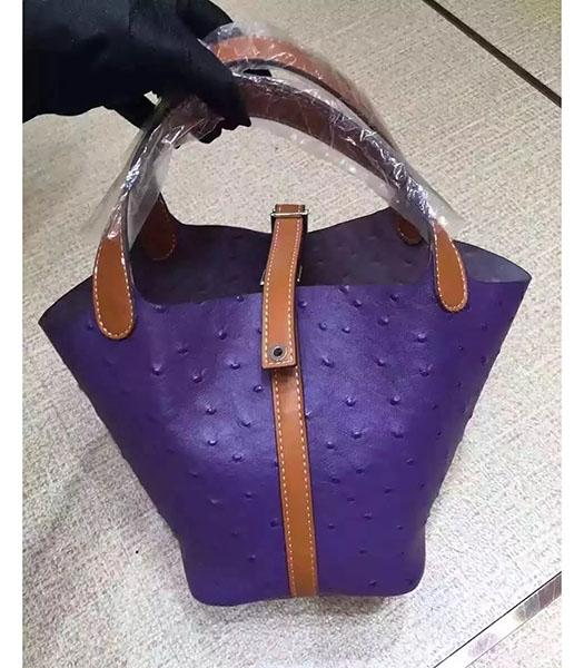 Hermes Picotin Lock Purple Leather Ostrich Grain Small Shoulder Bag