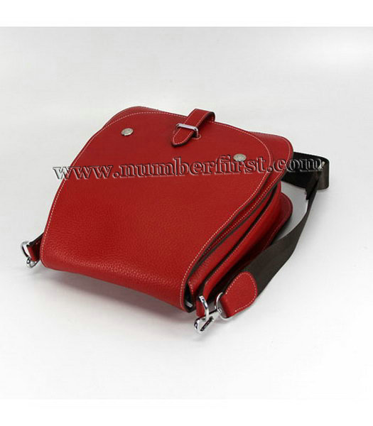 Hermes Red Togo Leather Silver Metal Message Bag-4
