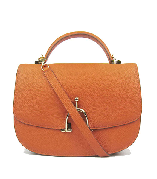 Hermes Single Handles Messenger Bag Orange Calfskin Leather With Golden Metal