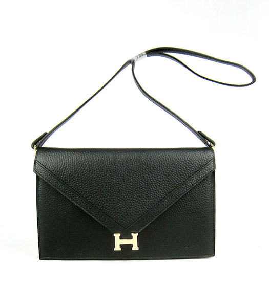 Hermes Small Envelope Message Bag Black Leather with Gold Hardware