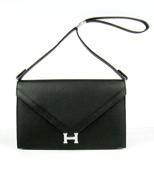 Hermes Small Envelope Message Bag Black Leather with Silver Hardware
