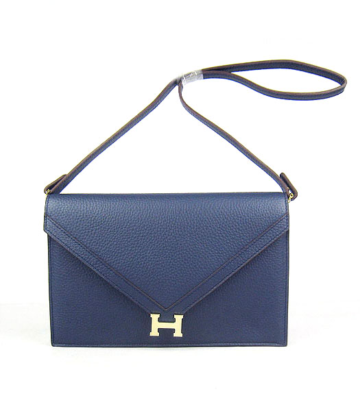 Hermes Small Envelope Message Bag Dark Blue Leather with Gold Hardware