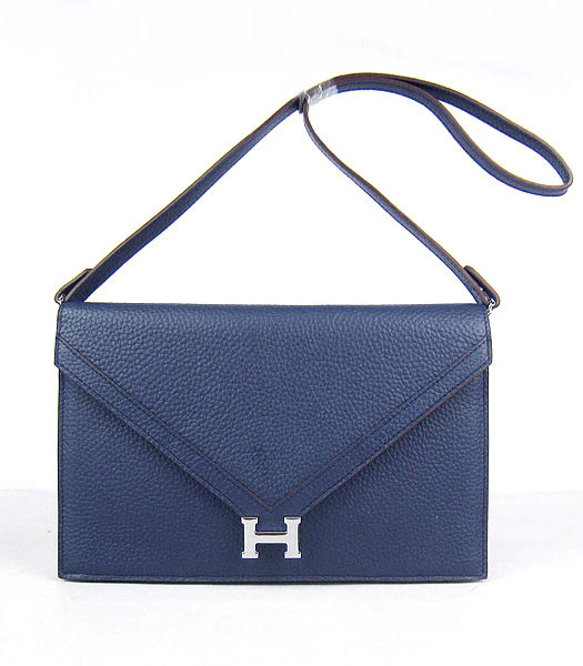 Hermes Small Envelope Message Bag Dark Blue Leather with Silver Hardware