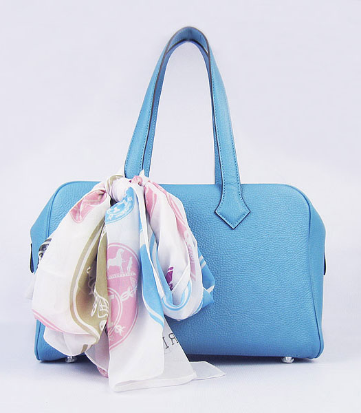 Hermes Victoria II Tote Bag Light Blue Leather with Scarf