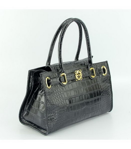 Loewe Tote Handbags Black Leather Crocodile Veins with PU Lining-1