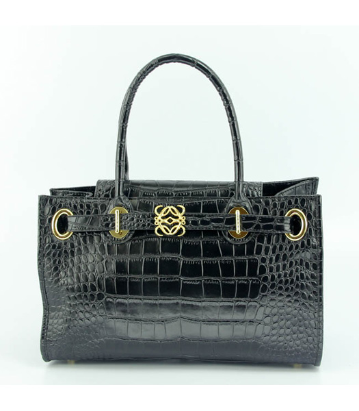 Loewe Tote Handbags Black Leather Crocodile Veins with PU Lining