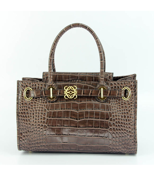 Loewe Tote Handbags Dark Coffee Leather Crocodile Veins with PU Lining