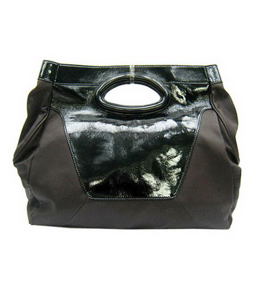 Marni Dark Coffee Lambskin Rugosity Black Patent Medium Handbag