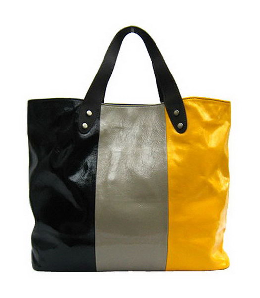 Marni New Oversided Bag YellowGreyBlack Leather With Dark Coffee Calfskin